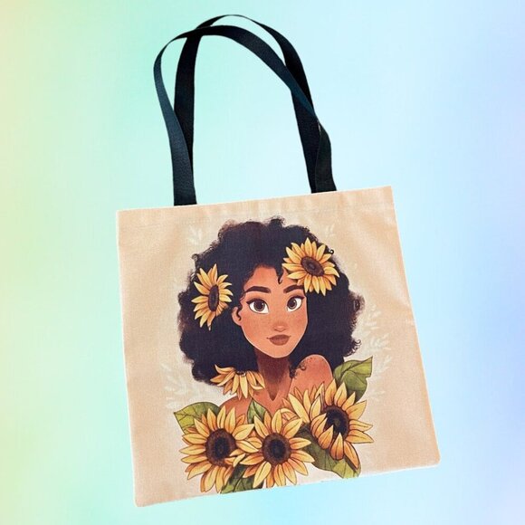 Sweet Hawaiian Girl with Sunflowers Ethnic Fabric Canvas Strap Tote Bag - Picture 1 of 4